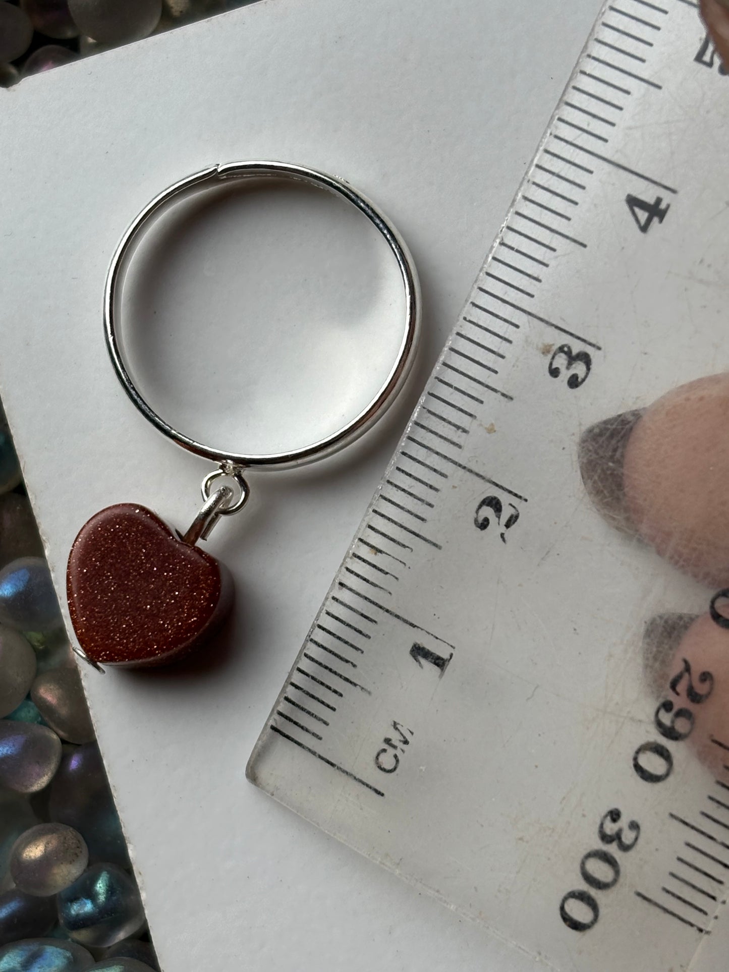 Goldstone Heart Crystal Carving Charm Silver Ring