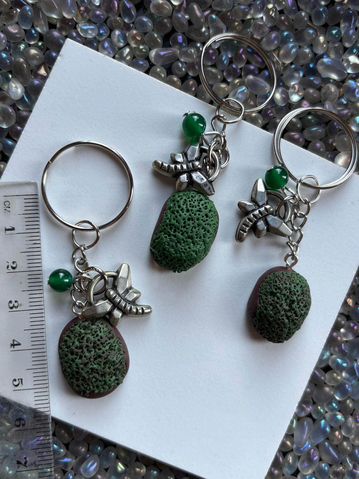 Enchanted Moss Ball Dragonfly & Green Quartz Crystal Gemstone Keychain