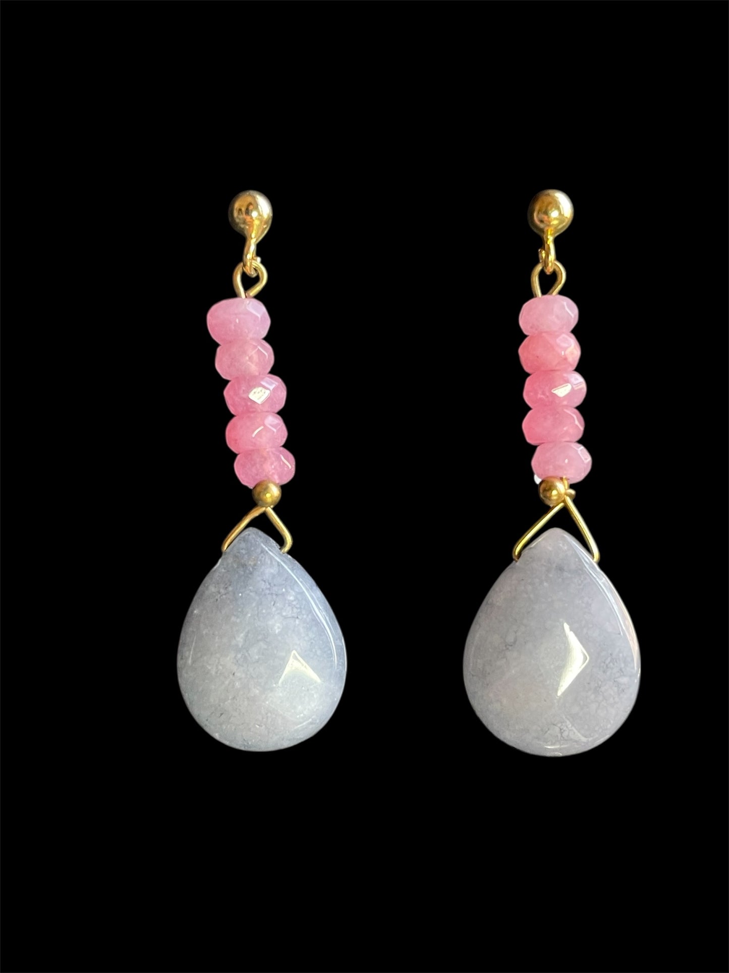 Pink & Grey Quartzite Crystal Gemstone Teardrop linear Gold Earrings (Certified)