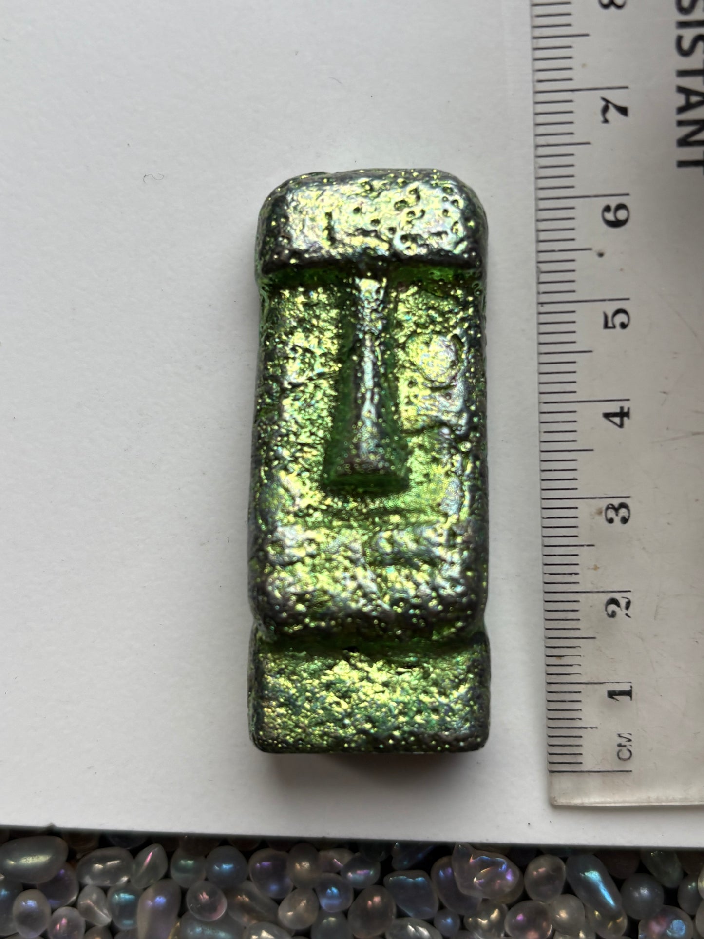 Green Bismuth Crystal Moai Head Easter Island Metal Art Sculpture