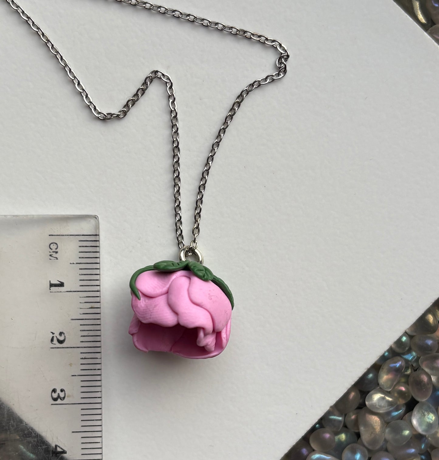 Pink Peony Flower Clay Silver Necklace