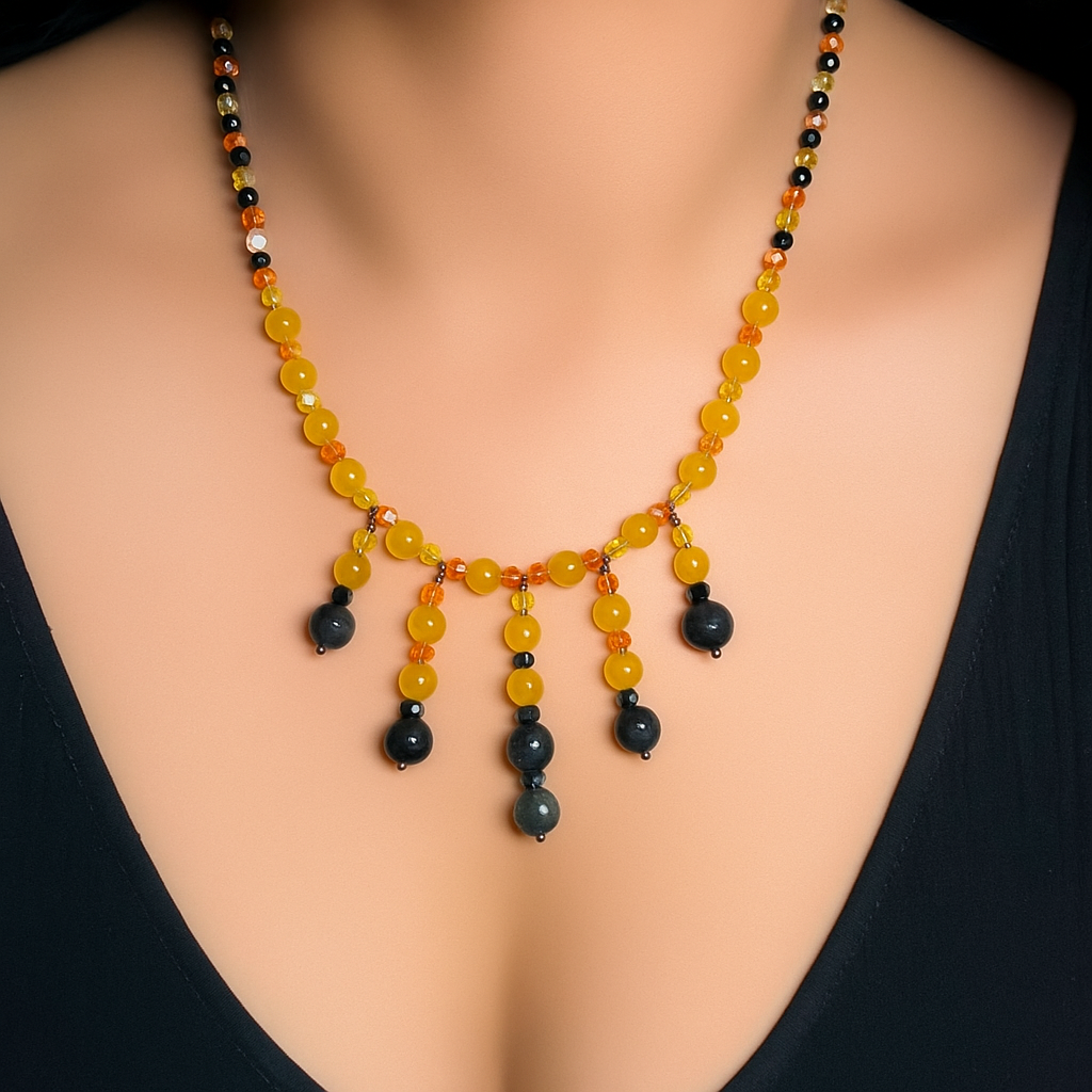 Sunflower - Mango & Black Quartz Crystal Beaded Gemstone Necklace