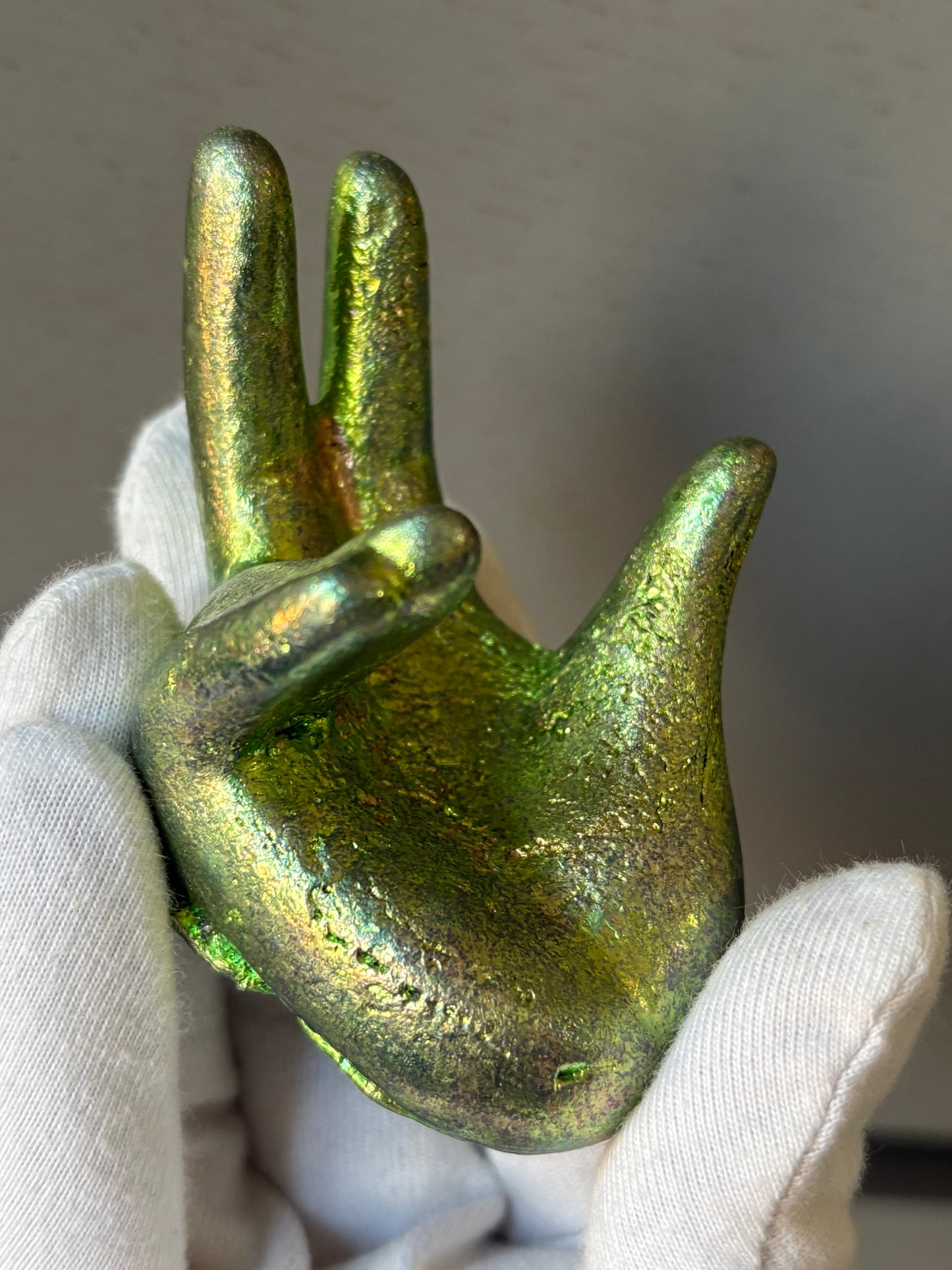 Green Bismuth Crystal Hand Sphere Holder Metal Art Sculpture