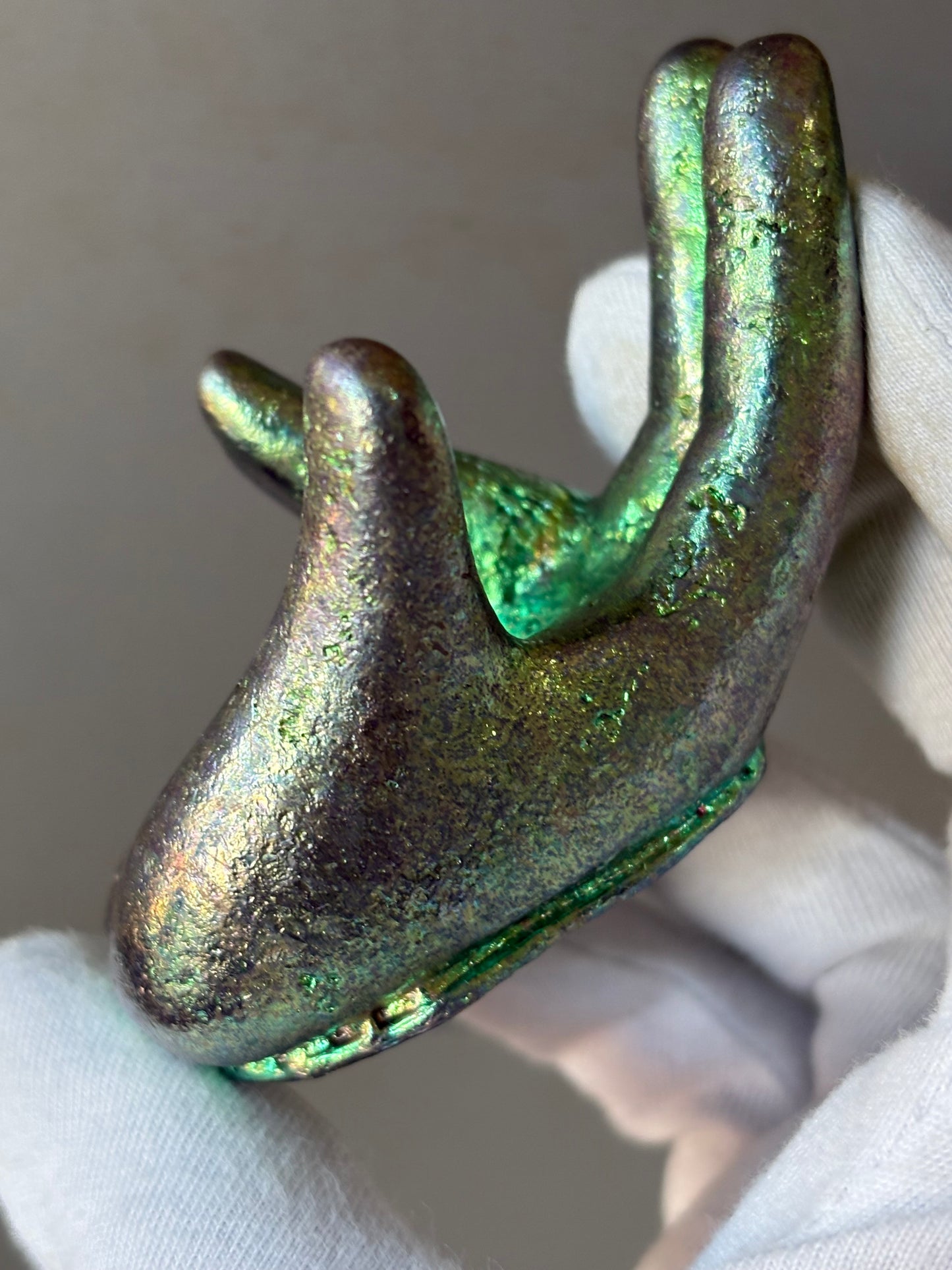 Teal Bismuth Crystal Hand Sphere Holder - Metal Art Sculpture