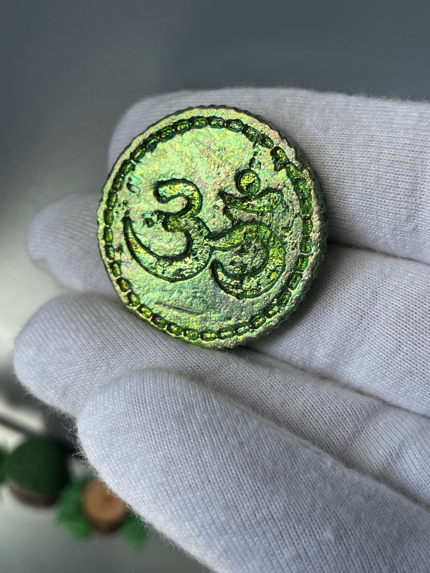 Green Bismuth Crystal Om Coin Metal Art Sculpture
