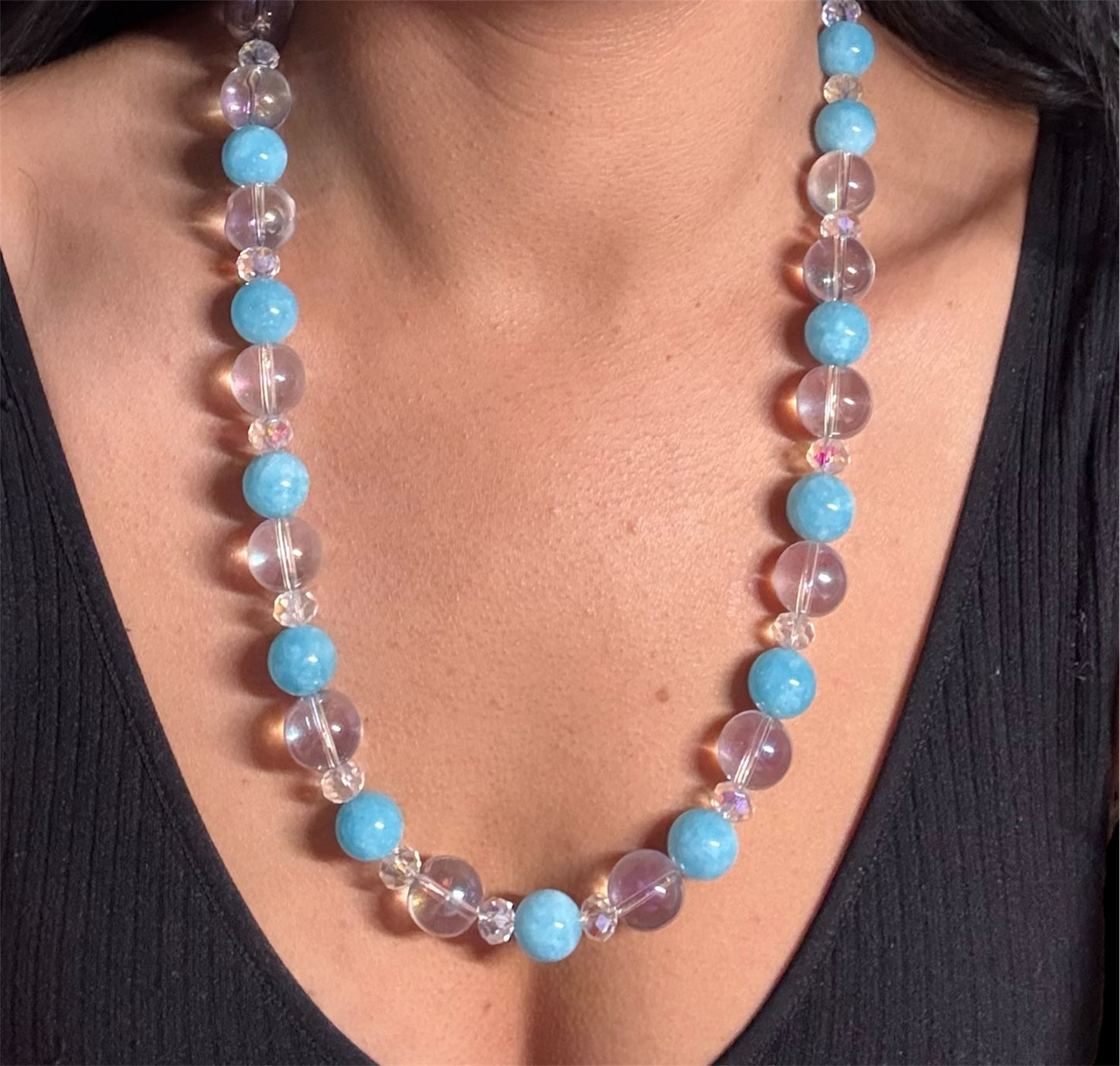 Blue Quartz Gemstone & Aura Coated Glass Crystal Beaded Silver Chunky Necklace