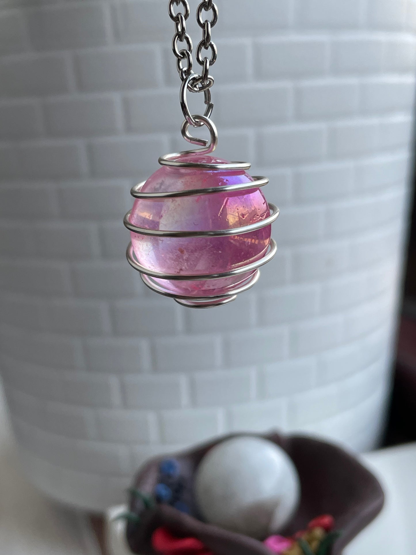 Rose Pink Aura Rainbow Quartz Crystal Gemstone Silver Spiral Wrap Necklace
