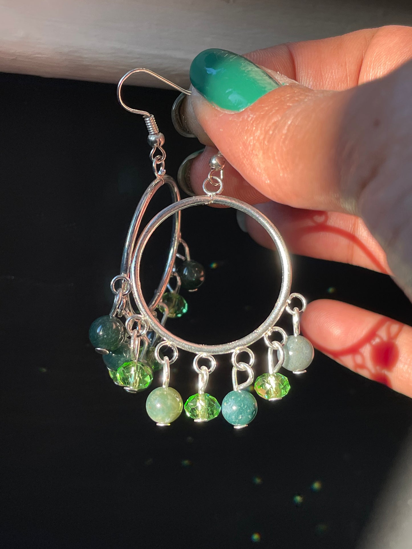 Indian Agate Gemstone & Green Crystal Beaded Hoop Chandelier Earrings