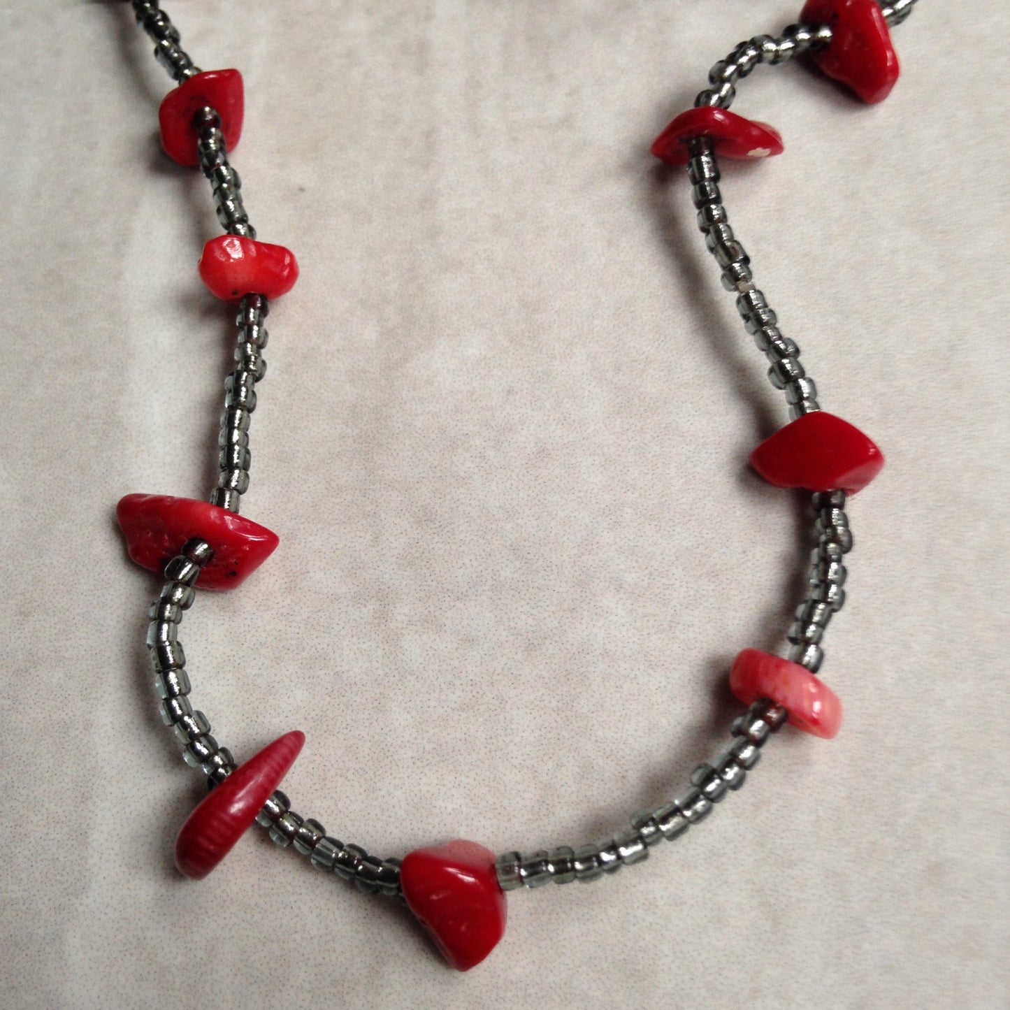Red Coral Rough Gemstone Crystal - Silver Seed Bead Endless Necklace