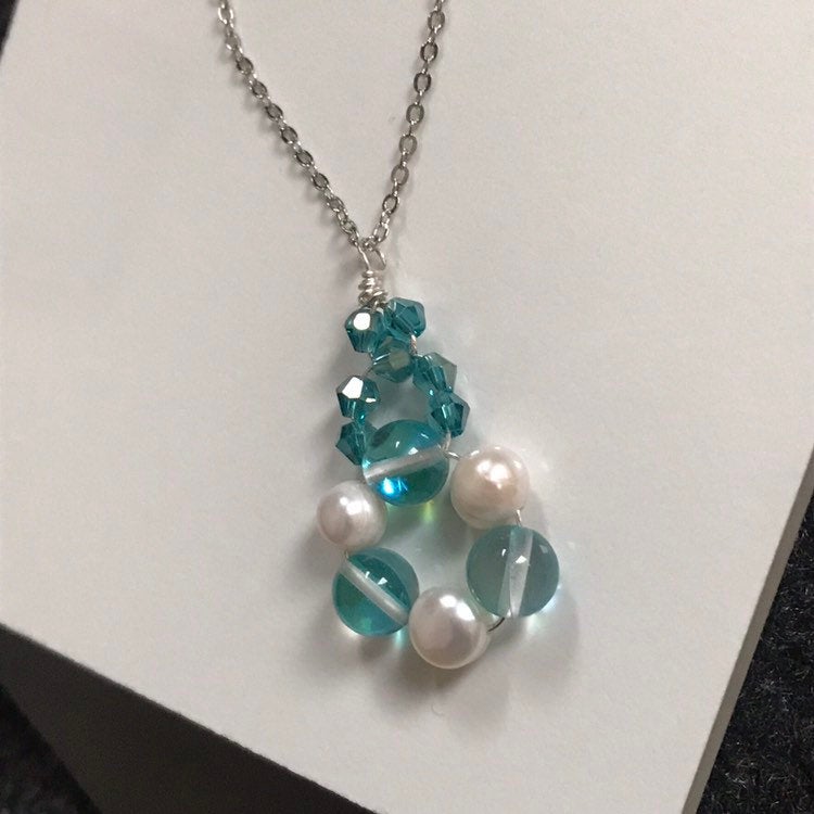Aqua Aura Quartz & Pearl Gemstone Crystal Pendant Necklace