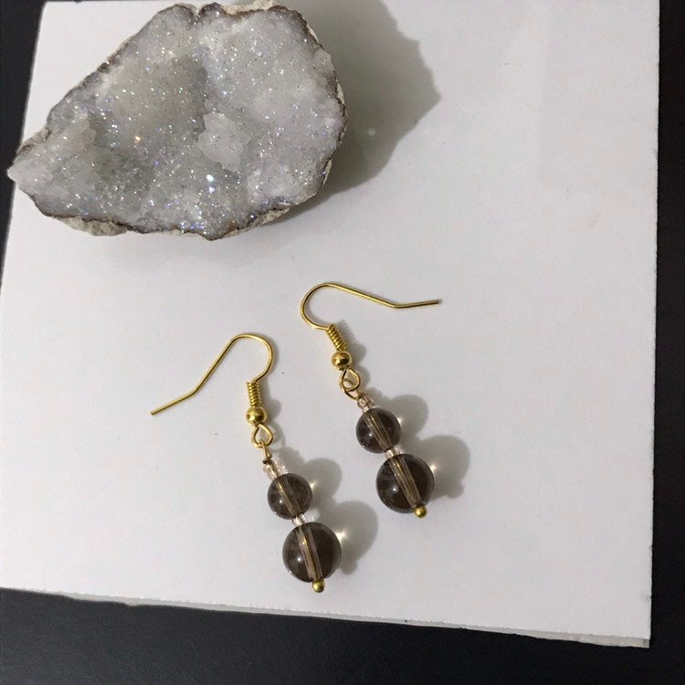 Smoky Quartz Gemstone Crystal Bead - Gold Drop Earrings