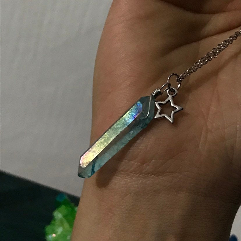 Baby Blue Aura Quartz Crystal Gemstone Star Charm Pendant Silver Necklace