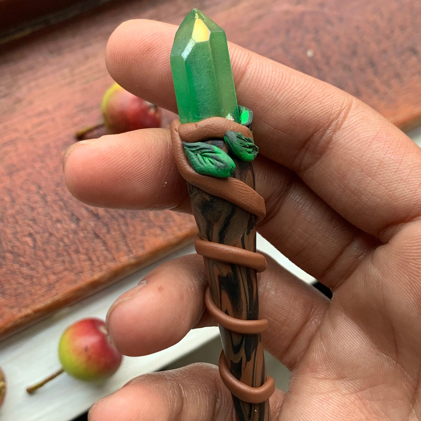 Apple Aura Quartz Crystal Gemstone Wooden Leaf Clay Wand
