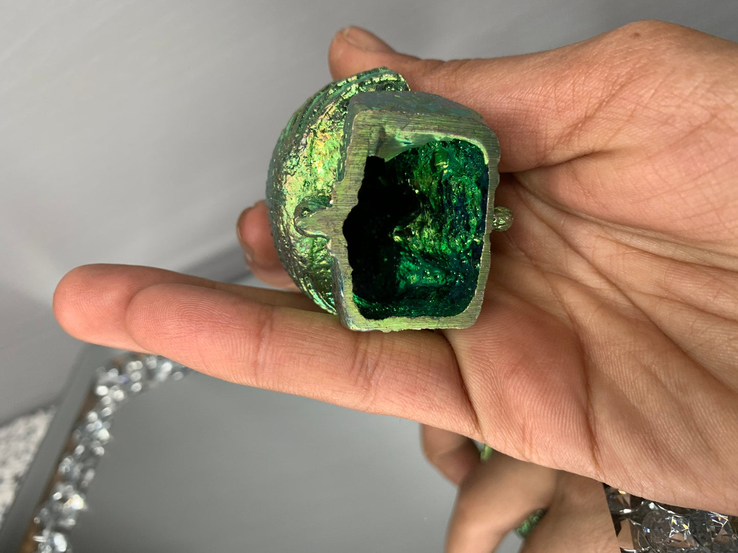 Green Bismuth Crystal King Tutankhamen Skull Metal Art Sculpture