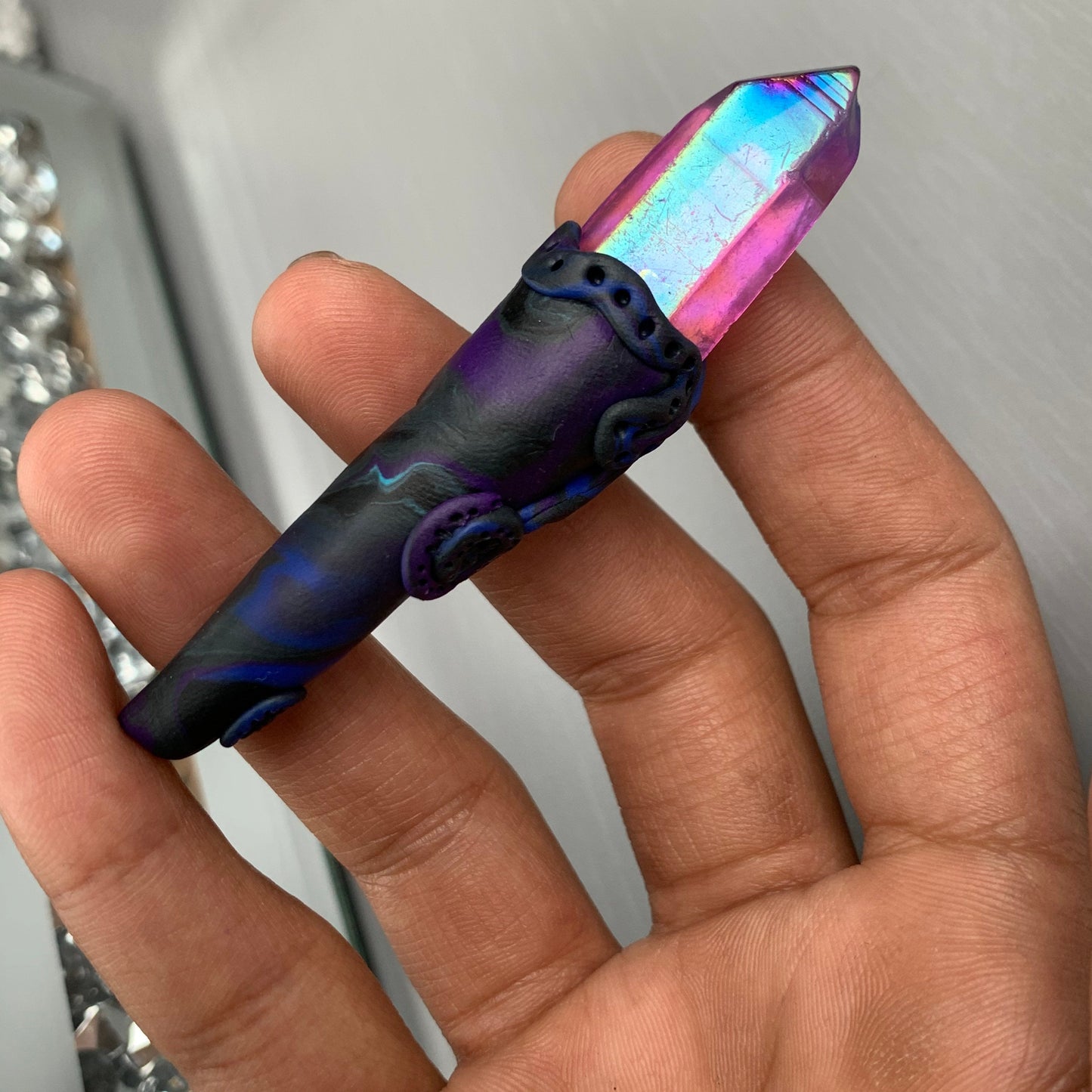 Purple Aura Quartz Crystal Gemstone Black Swirl Clay Wand - Dark Side