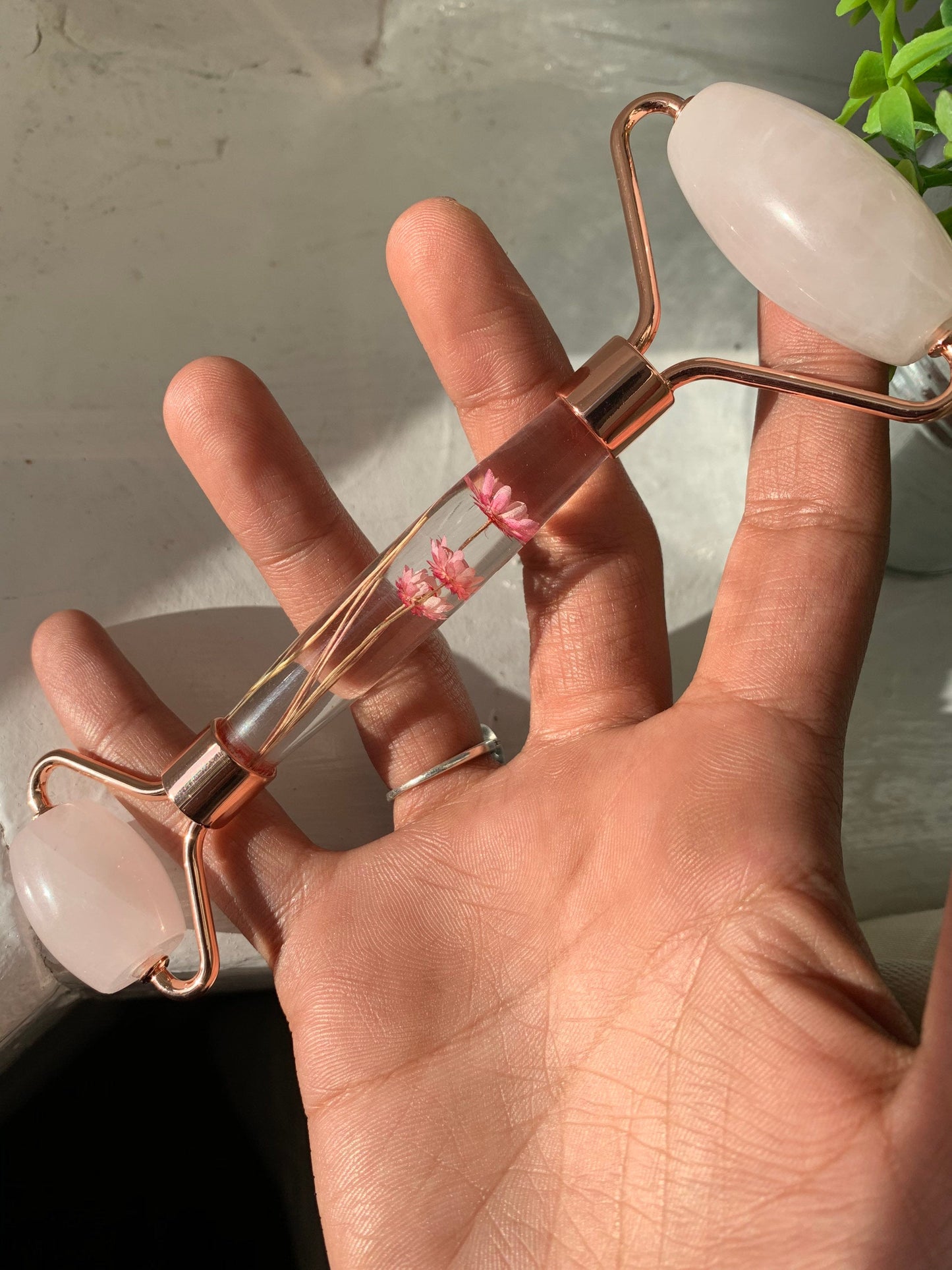 Rose Quartz Crystal Gemstone Massage Roller Wand Pressed Resin Flower — Self-Care Tool