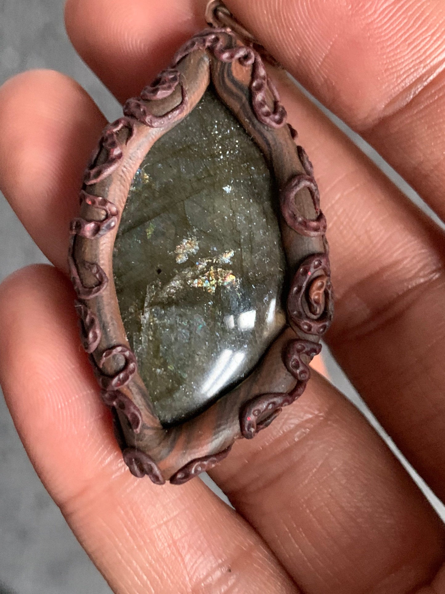 Purple Gold Labradorite Crystal Gemstone Enchanted Forest Clay Pendant Necklace