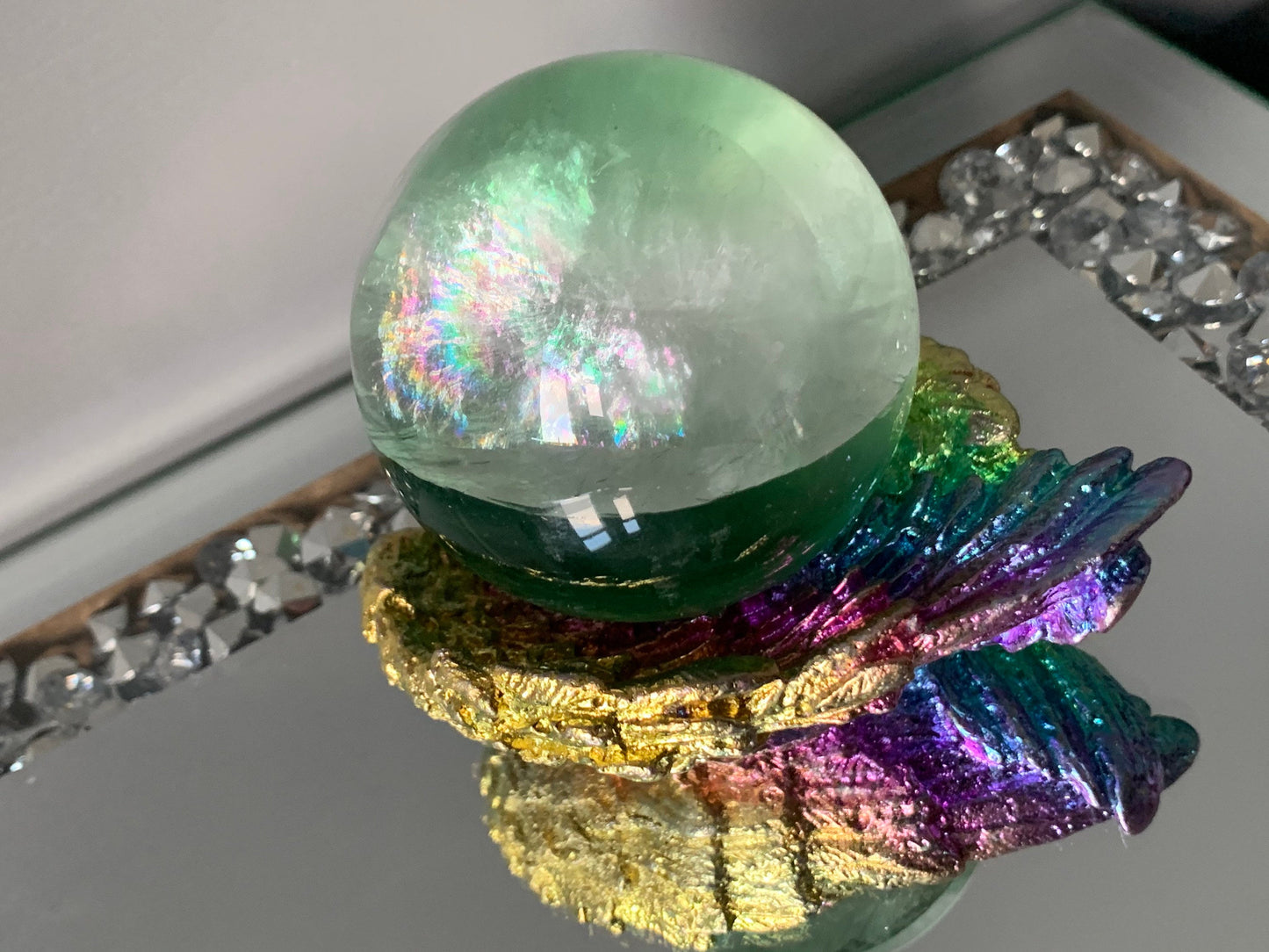 Rainbow Bismuth Crystal Angel Wing Dish / Sphere Holder Metal Art Sculpture