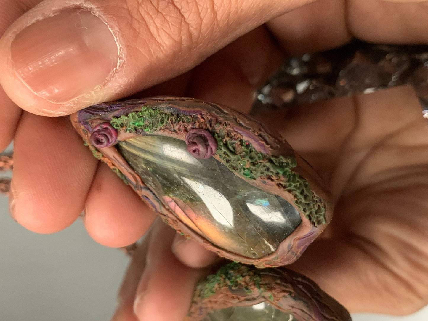 Purple Gold Labradorite Crystal Gemstone Enchanted Rose Forest Clay Pendant Necklace