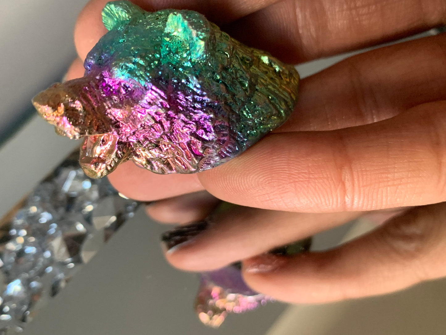 Rainbow Bismuth Crystal Bear Head Metal Art Sculpture