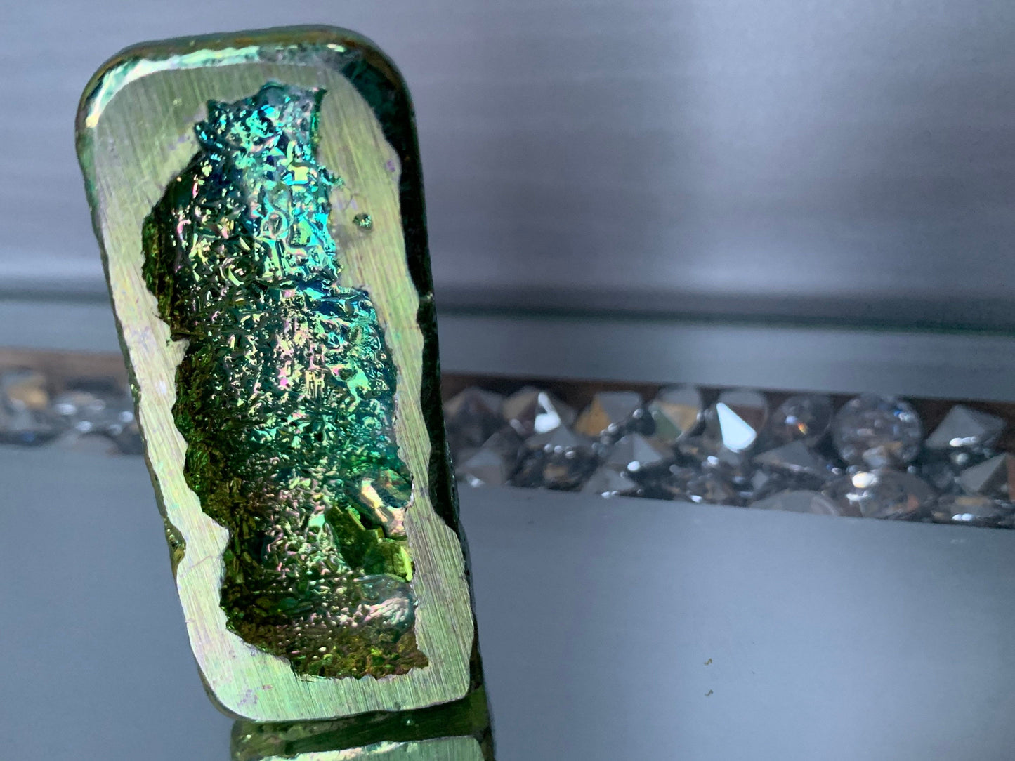 Green Bismuth Crystal Moai Head Easter Island Metal Art Sculpture