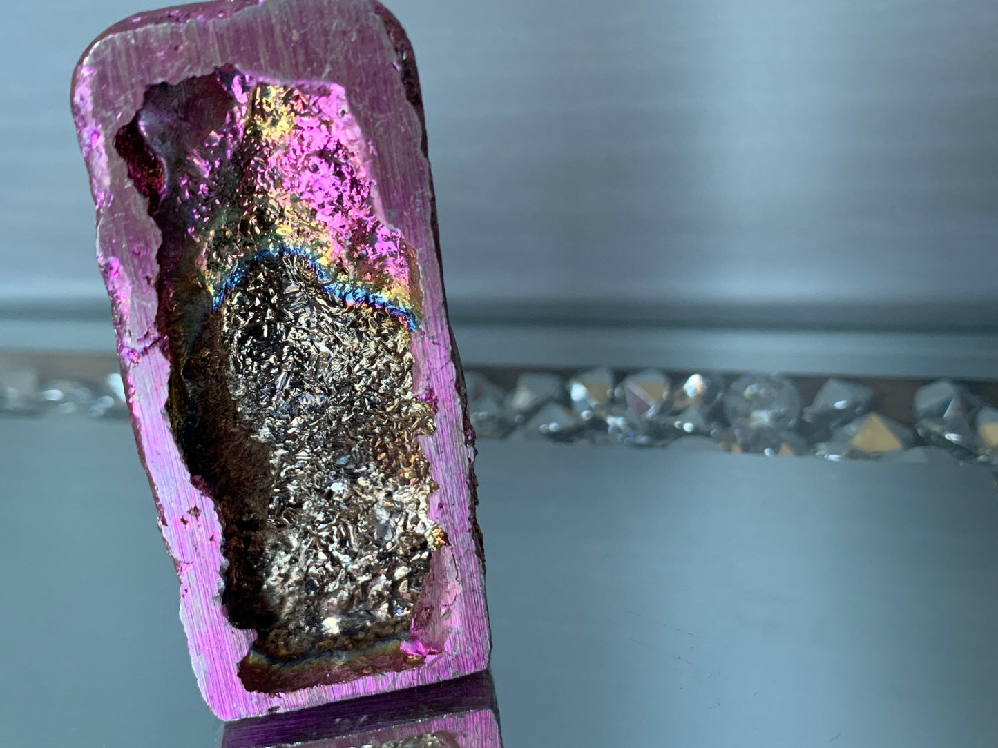 Pink Bismuth Crystal Moai Head Easter Island Metal Art Sculpture