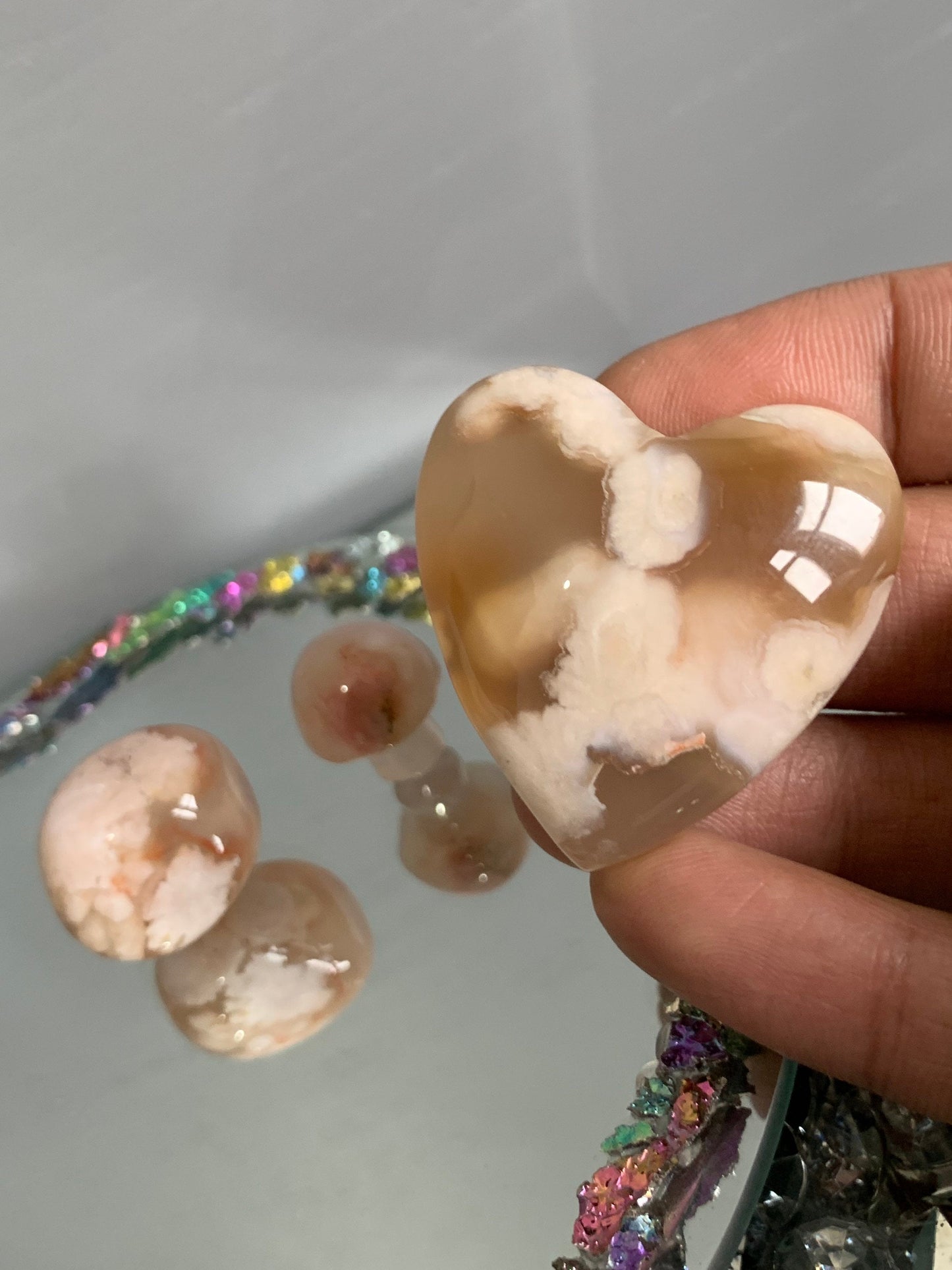 Flower Cherry Blossom Agate Gemstone Crystal Set - Mini Mushroom Tumbled Stone & Heart