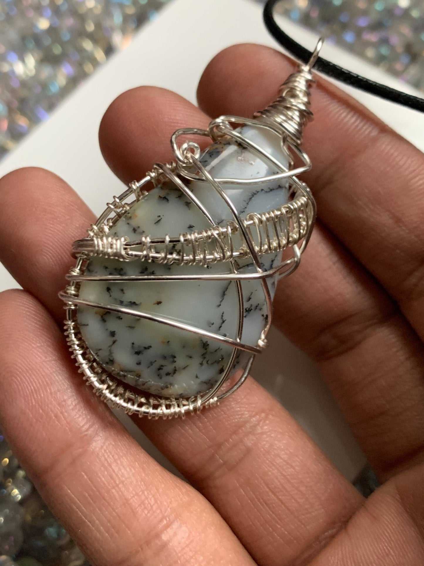 Dendritic Opal Agate Crystal Gemstone Wire Wrapped Necklace (1)