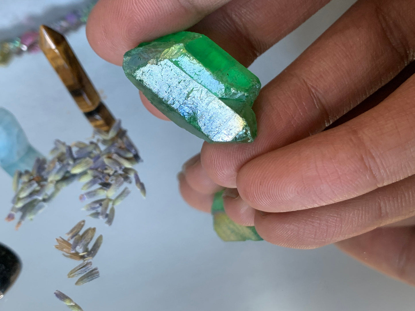 Protection Pack - Agate Green Aura Quartz Tigers Eye Aquamarine Gemstone Crystal - Lavender