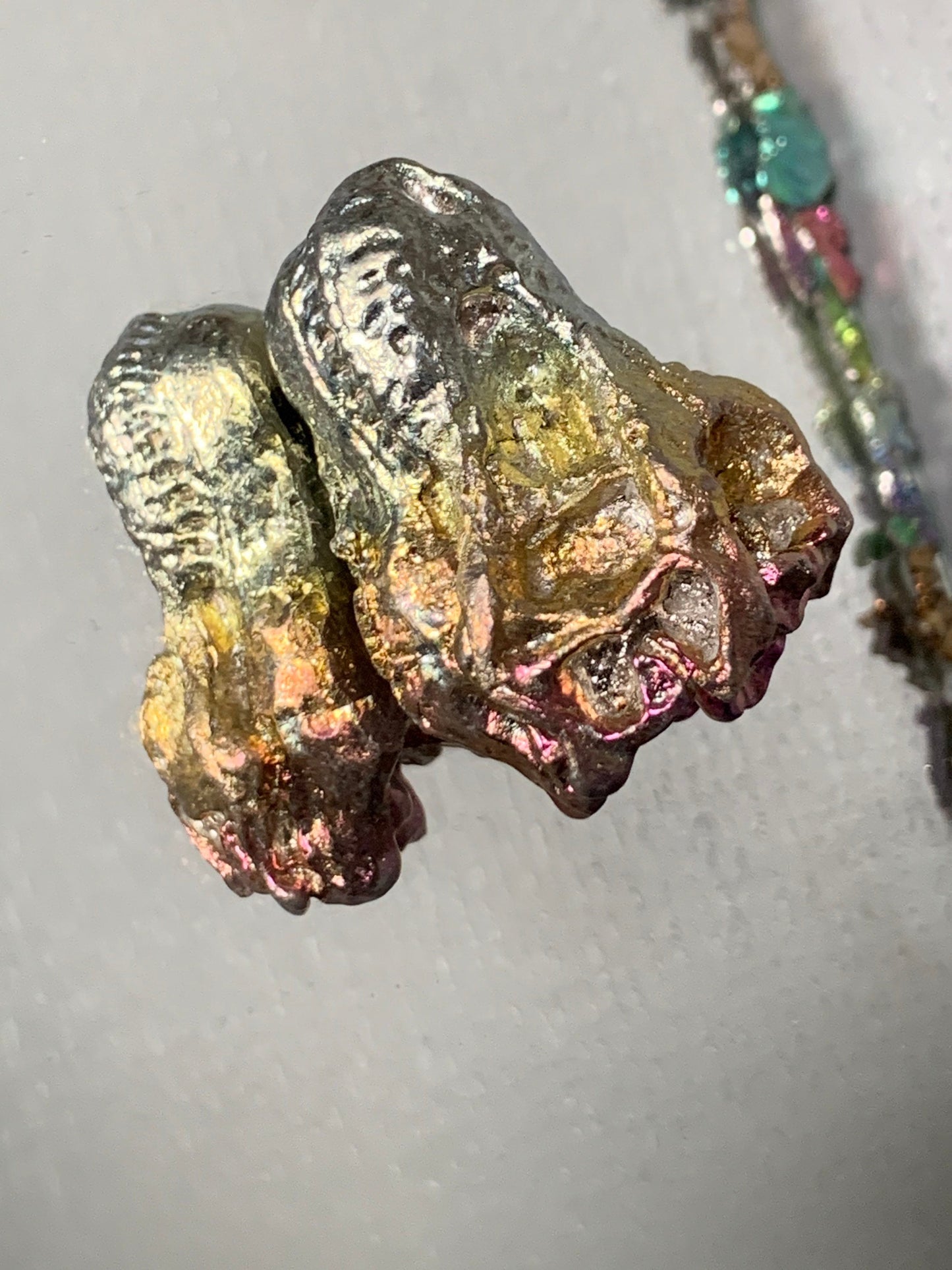 Pink Gold Silver Bismuth Crystal Small Trex Skull Metal Art Sculpture