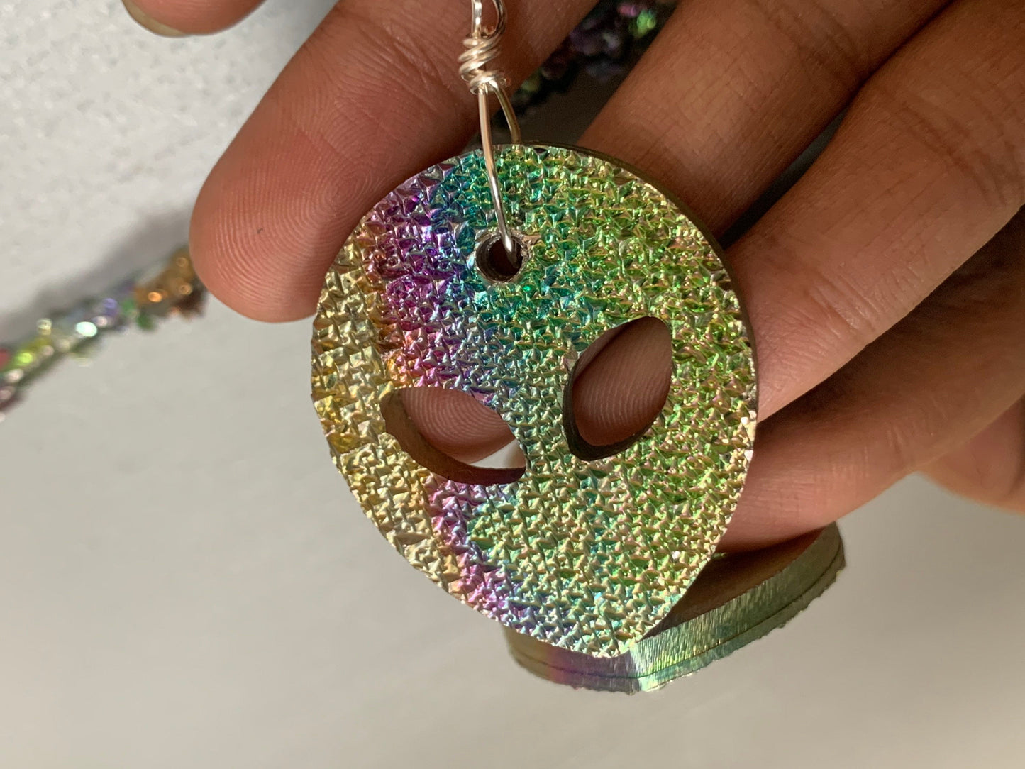 Alien Rainbow Bismuth Crystal Cut Out Metal Art Cord Necklace