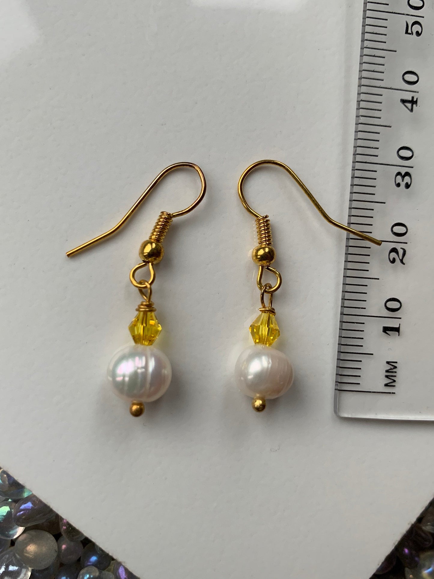 White Cultured Pearl Gemstone & Yellow Crystal Drop Earrings - Gold