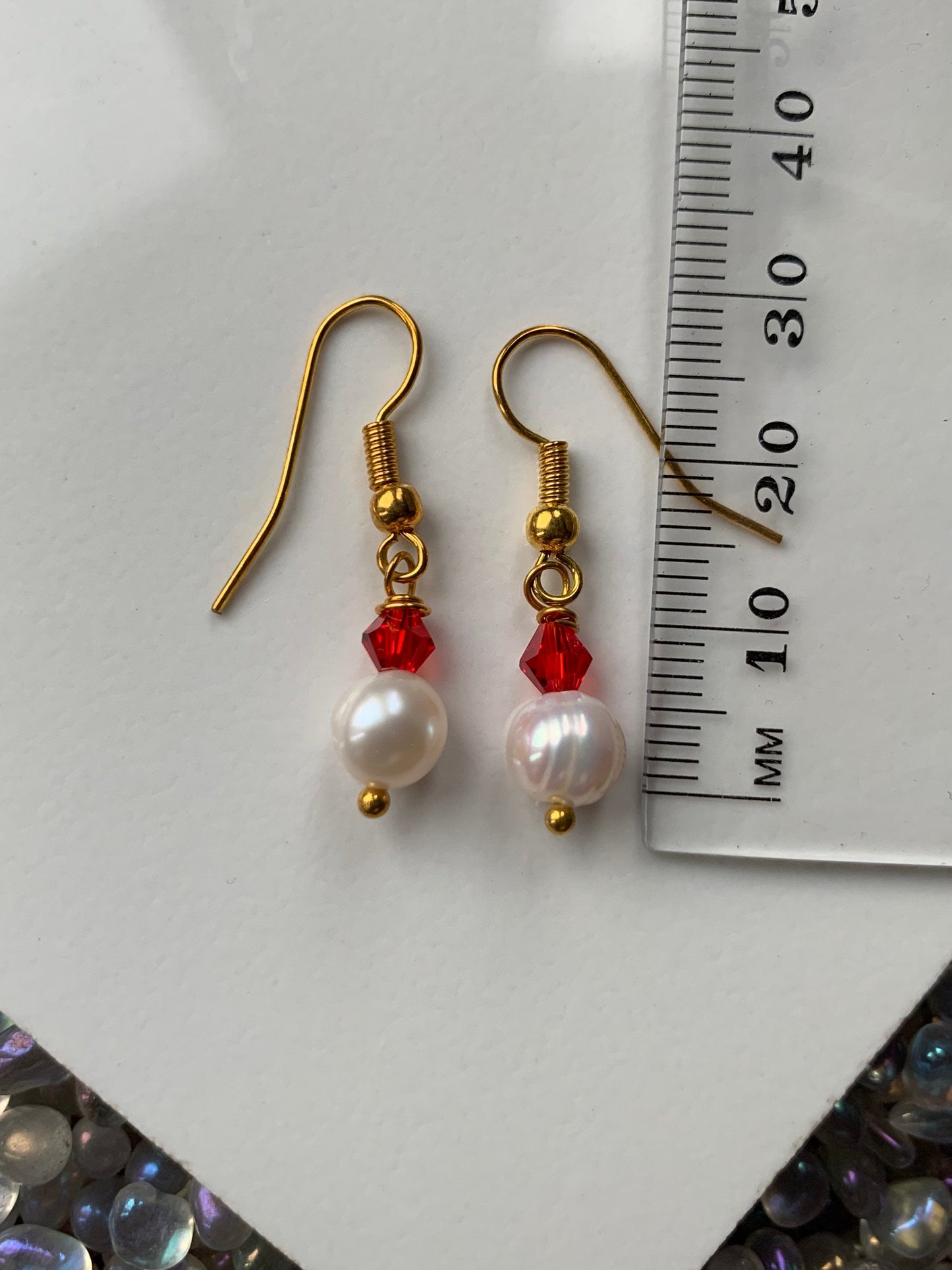 White Cultured Pearl Gemstone & Red Crystal Drop Earrings - Gold