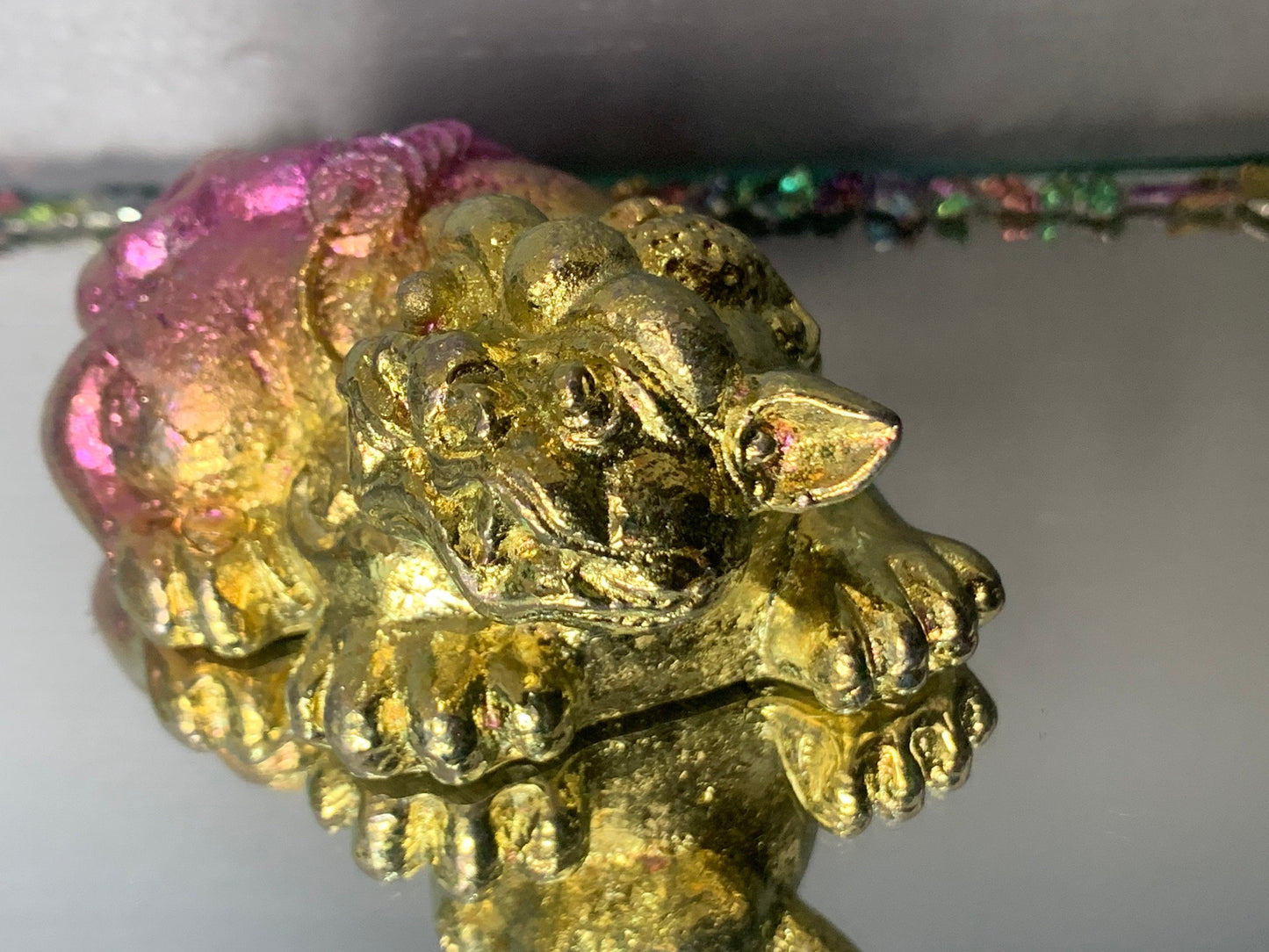 Gold Pink Bismuth Crystal Chinese Foo Dog (LEFT SIDE) - Metal Art Sculpture
