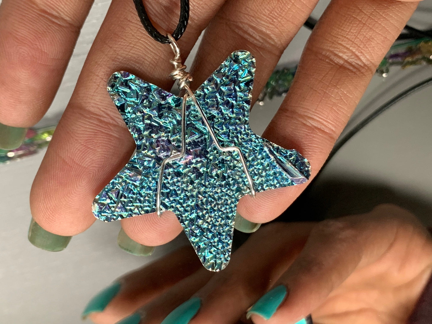 Blue Bismuth Star Crystal Cut Out Metal Art Cord Necklace