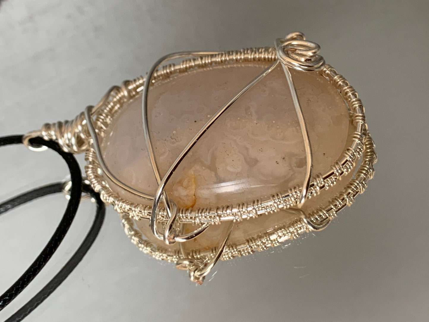 Flower Agate Crystal Gemstone Large Oval Silver Wire Necklace