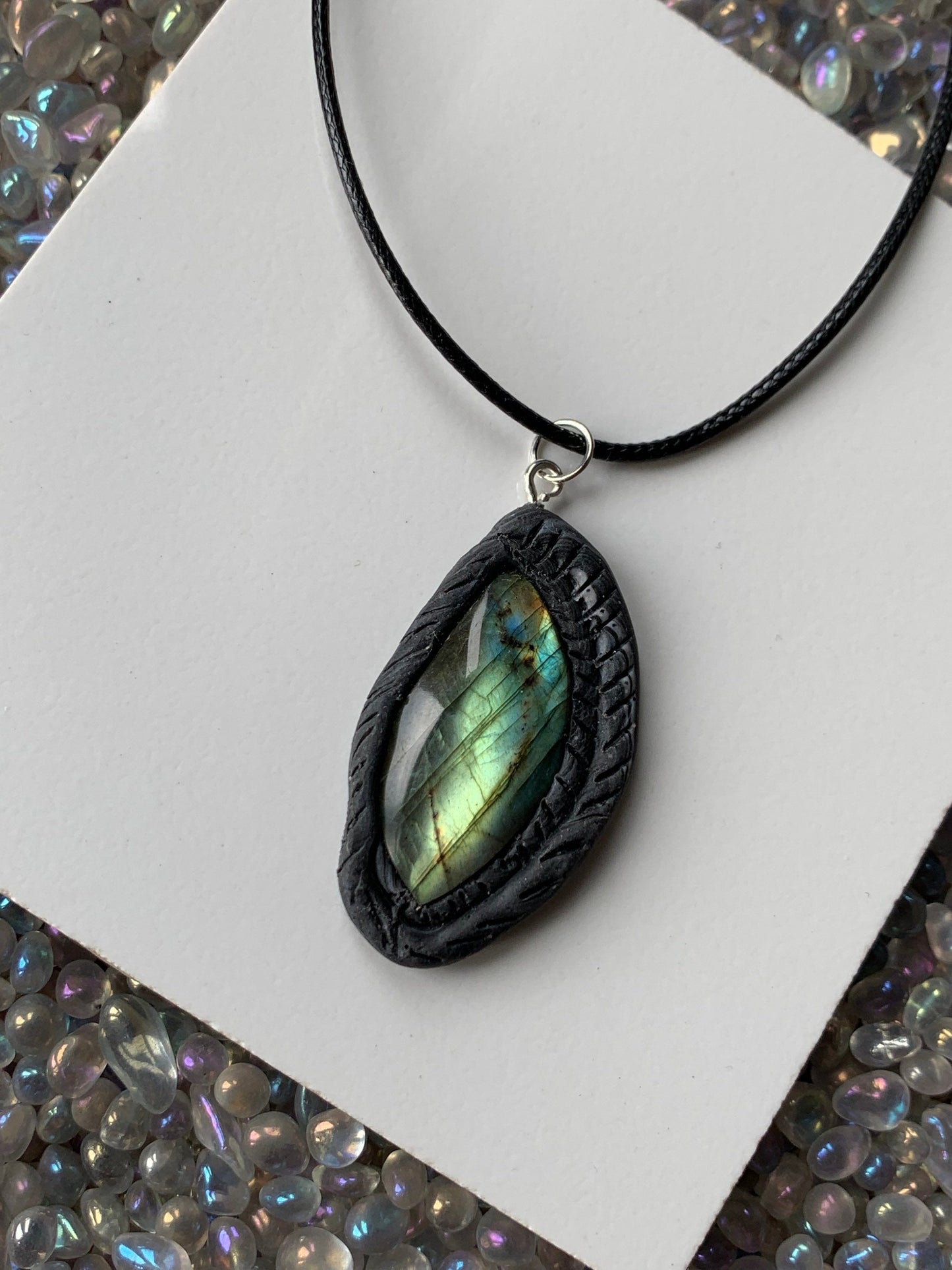 Labradorite Crystal Gemstone Pendant Black Clay Necklace