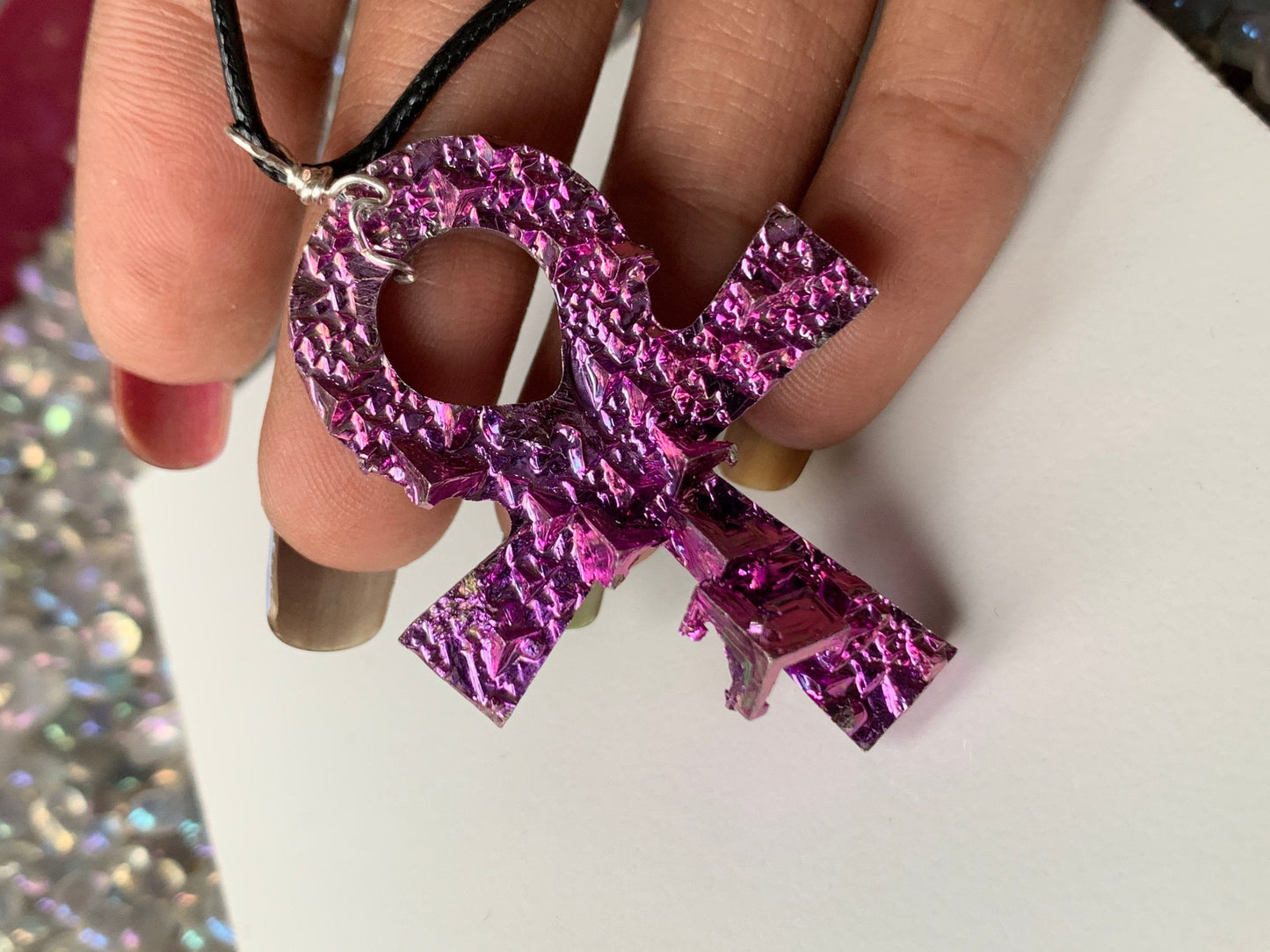 Pink Bismuth Ankh Crystal Cut Out Metal Art Necklace
