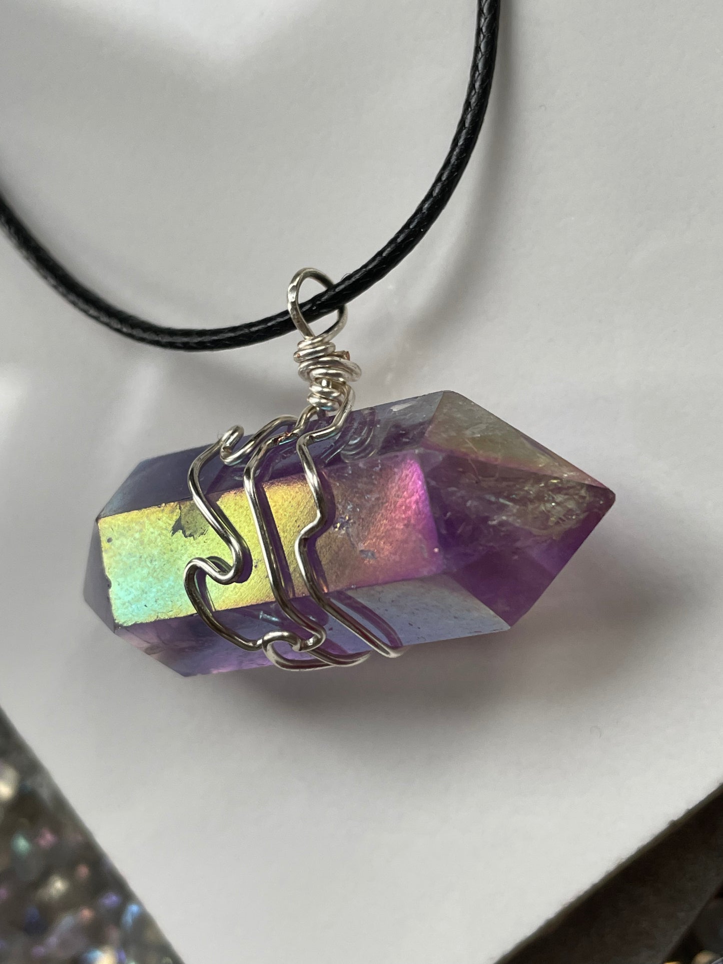 Amethyst Aura Gemstone Crystal Double Terminated Necklace