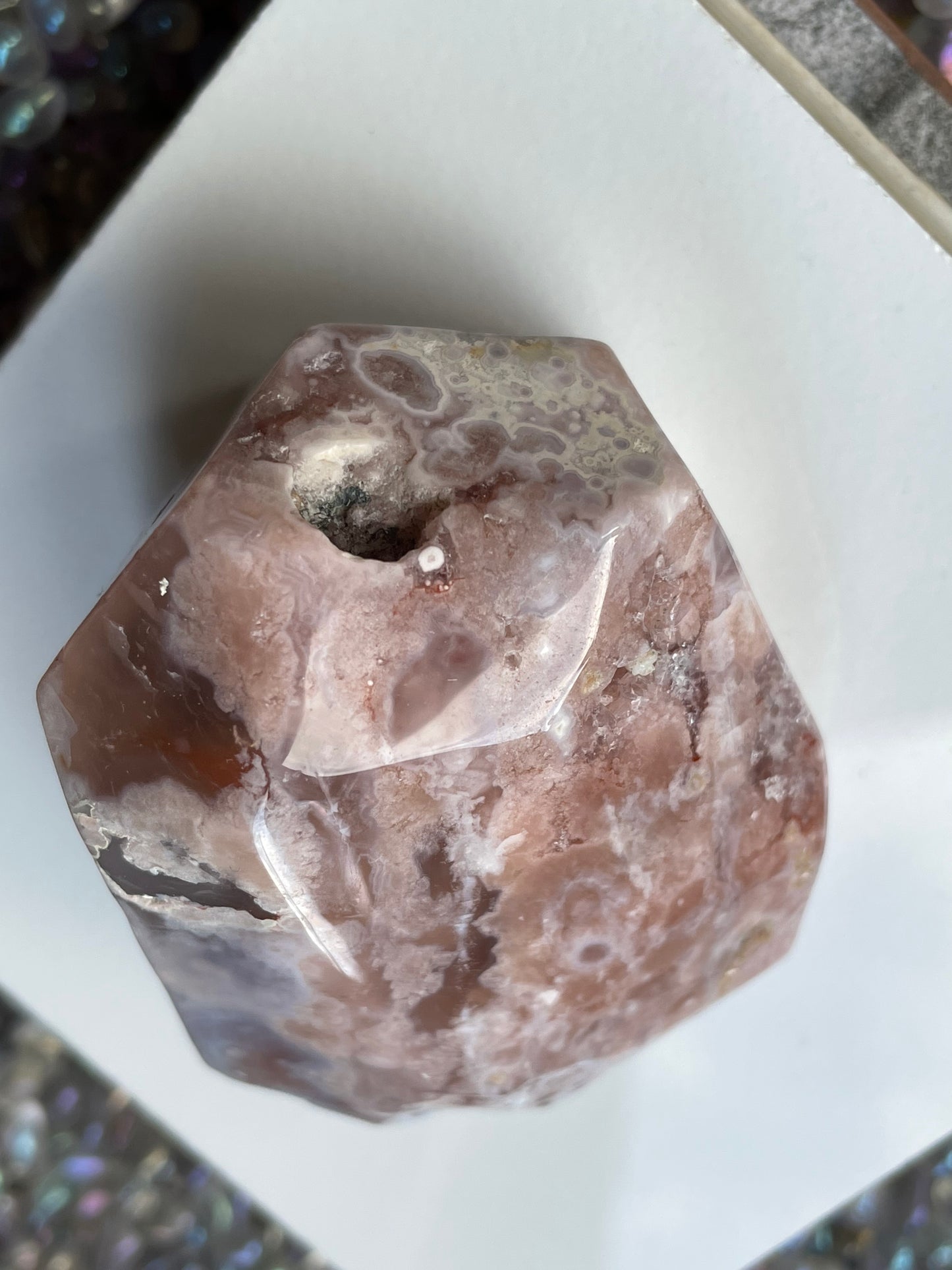 Pink Flower Agate Crystal Gemstone Faceted Freeform Carving