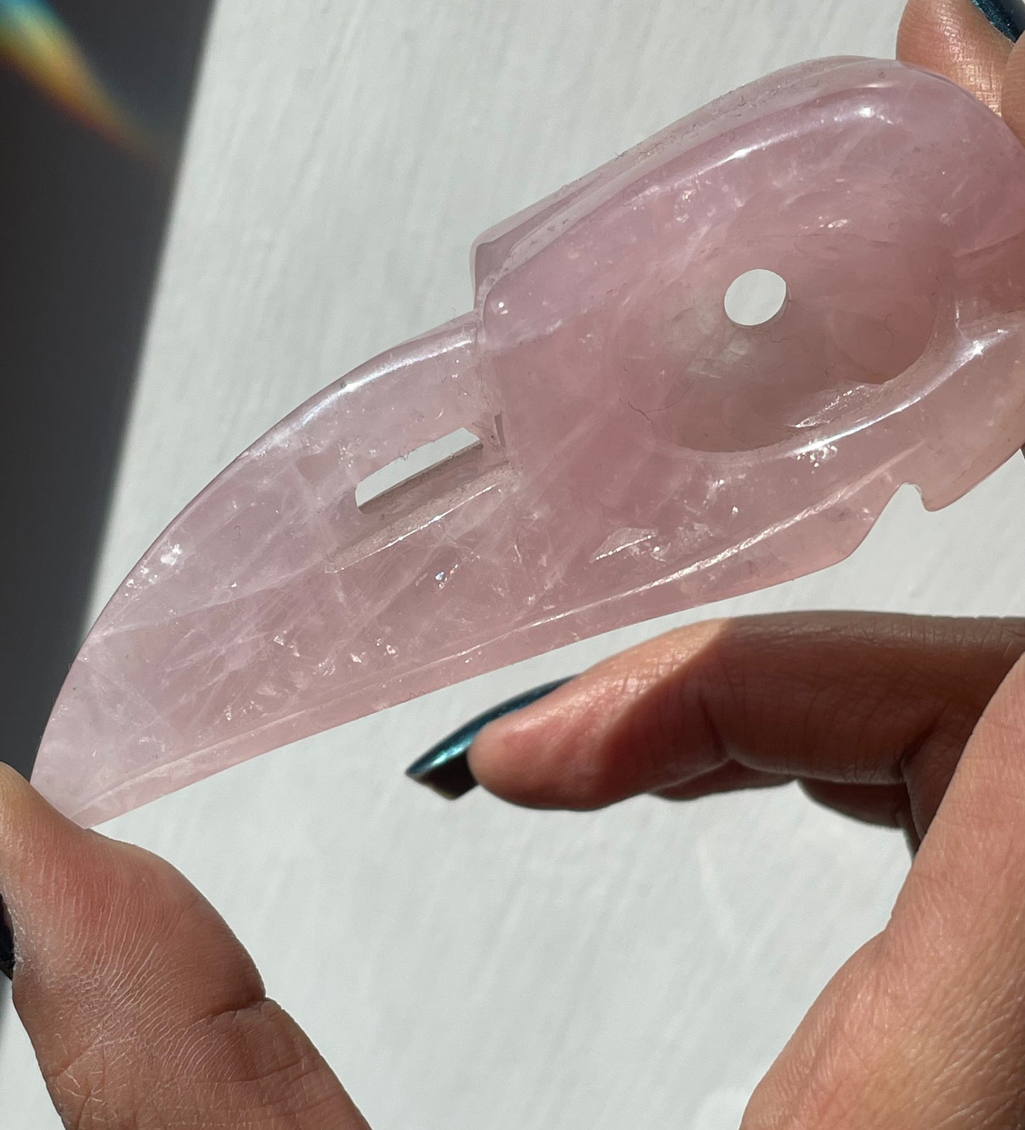Rose Quartz Gemstone Crystal Raven Skull Carving - Large