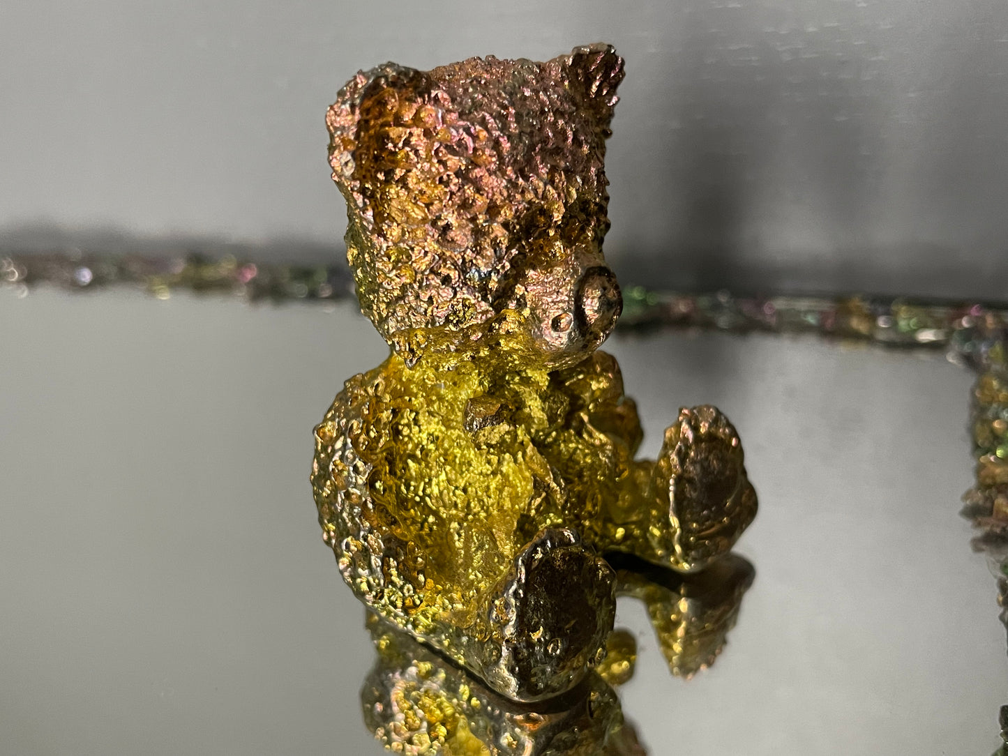 Gold Peach Bismuth Crystal Teddy Bear Metal Art Sculpture