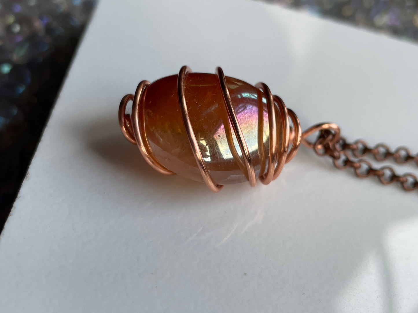 Tangerine Aura Quartz Gemstone Crystal Spiral Copper Wire Necklace
