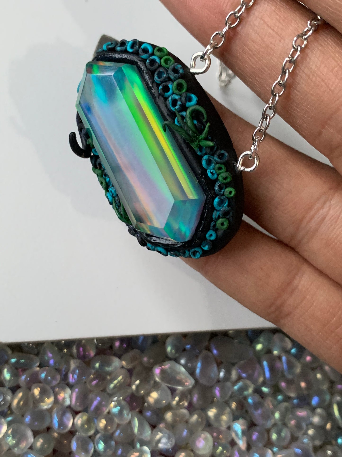 Elongated Aurora Opal Doublet Crystal Gemstone - Dark Coral Necklace