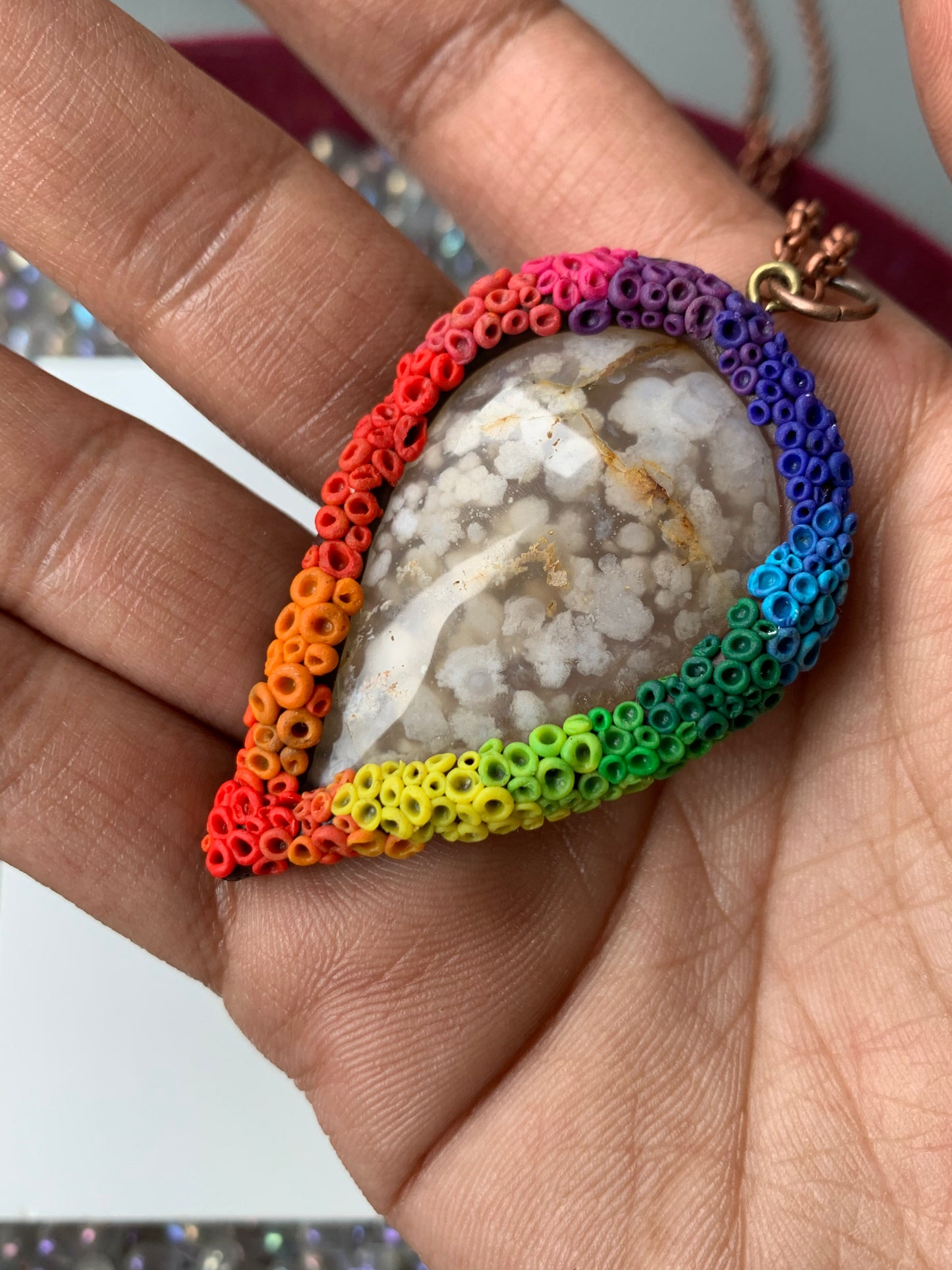 Flower Agate Crystal Gemstone Rainbow Coral Necklace