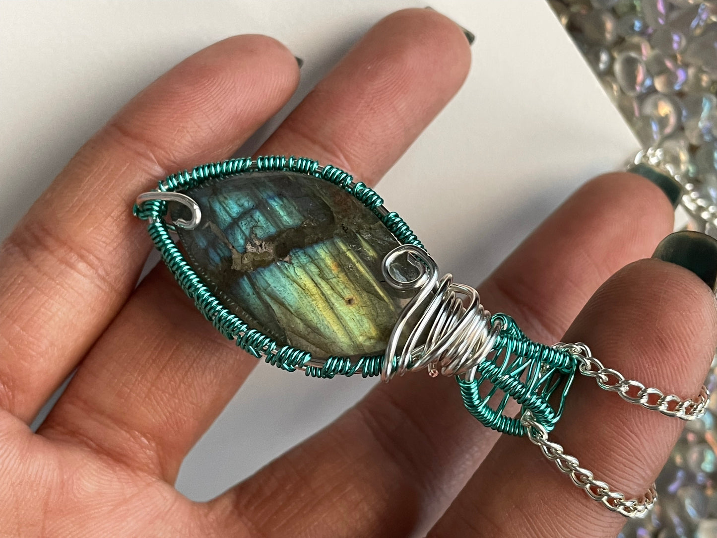 Blue Gold Labradorite Crystal Gemstone Turquoise Wire Necklace