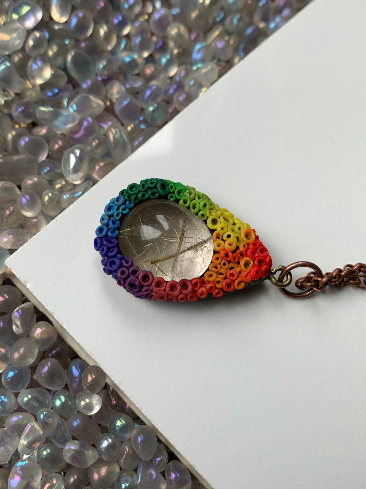 Gold Rutile Quartz Crystal Gemstone - Rainbow Coral Clay Necklace