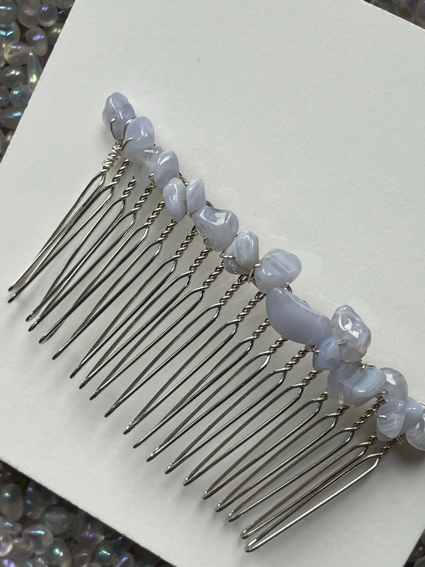 Blue Lace Agate Rough Crystal Gemstone Silver Hair Comb