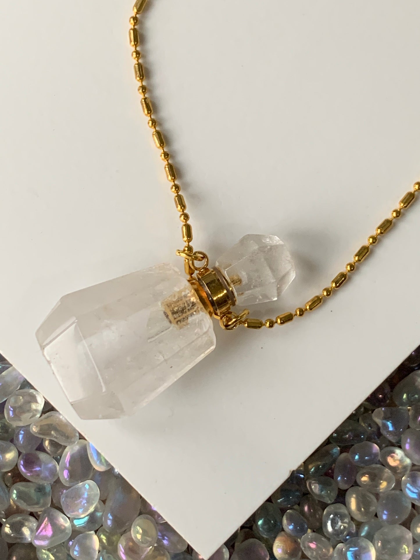 Clear Quartz Crystal Gemstone Aromatherapy Perfume Bottle Pendant Necklace