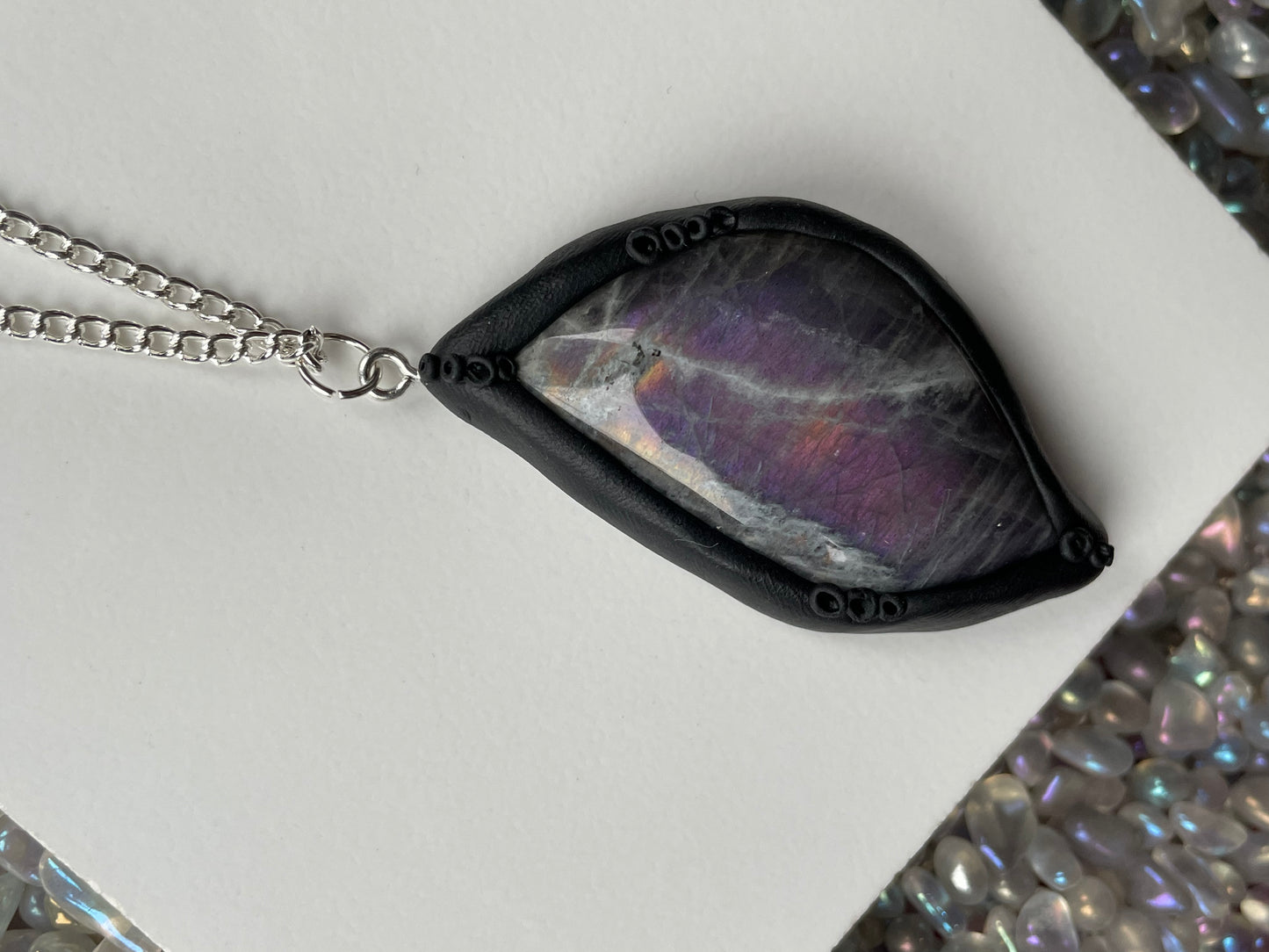 Ursula Black Clay - Purple Orange Labradorite Crystal Gemstone Pendant Necklace